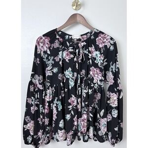 Altar'd State Women S Prairie Cottage Boho Blouse Shirt Tie Keyhole Black Floral
